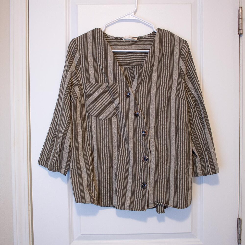 Artisan VTG Linen Top Striped Lagenlook Asymmetrical Pocket Shirt M Soft Autumn